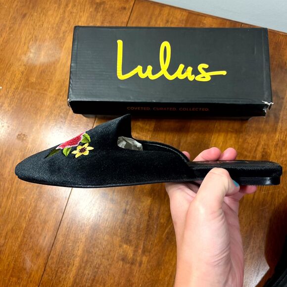 Lulu's Maggy Black‎ Velvet Embroidered Square-Toe Loafer Slides Size 9 - Picture 8 of 15